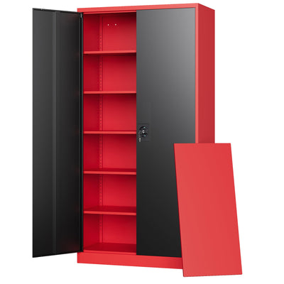 Letaya Metal Storage Cabinets with Lock, 71" Tall Locker Organizer Steel Cabinets, Adjustable Shelves 2 Doors for Home, Office, Warehouse,Garage,Industrial,Employee Lockers (Style B, Black Red)