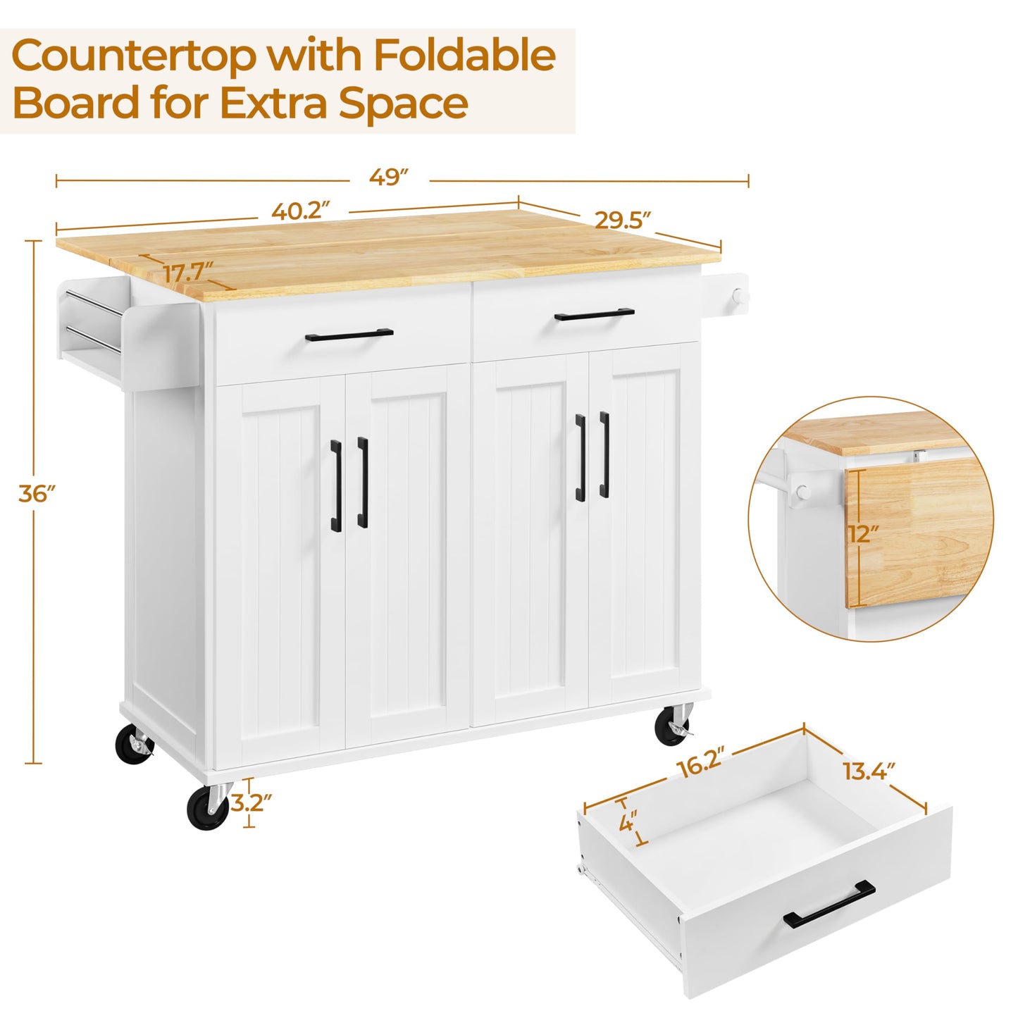 Yaheetech Rolling Kitchen Island with Drop Leaf, Kitchen Cart on Wheels with Storage Cabinet and Drawers, Rubberwood Top, Detachable Towel Rack, Spice Rack for Dining Room, White