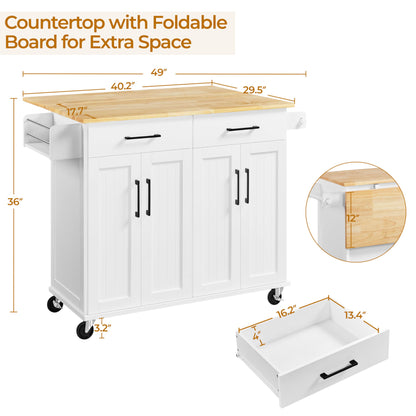 Yaheetech Rolling Kitchen Island with Drop Leaf, Kitchen Cart on Wheels with Storage Cabinet and Drawers, Rubberwood Top, Detachable Towel Rack, Spice Rack for Dining Room, White