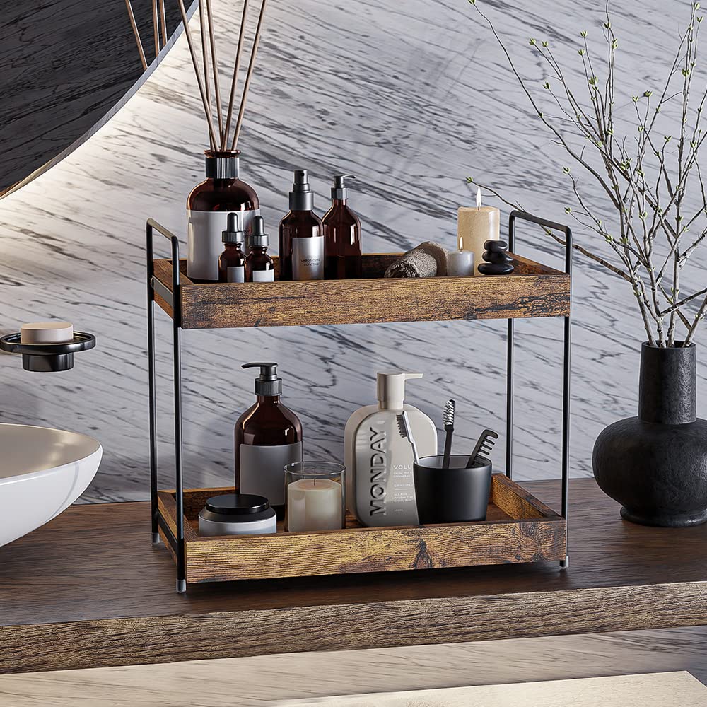 SANRETAHO 2-Tier Bathroom Counter Organizer, Wood Kitchen Countertop Spice Rack, Vanity Cosmetic Makeup Organizers Shelf for Bathroom Storage Organization, Rustic Brown SANRETAHO