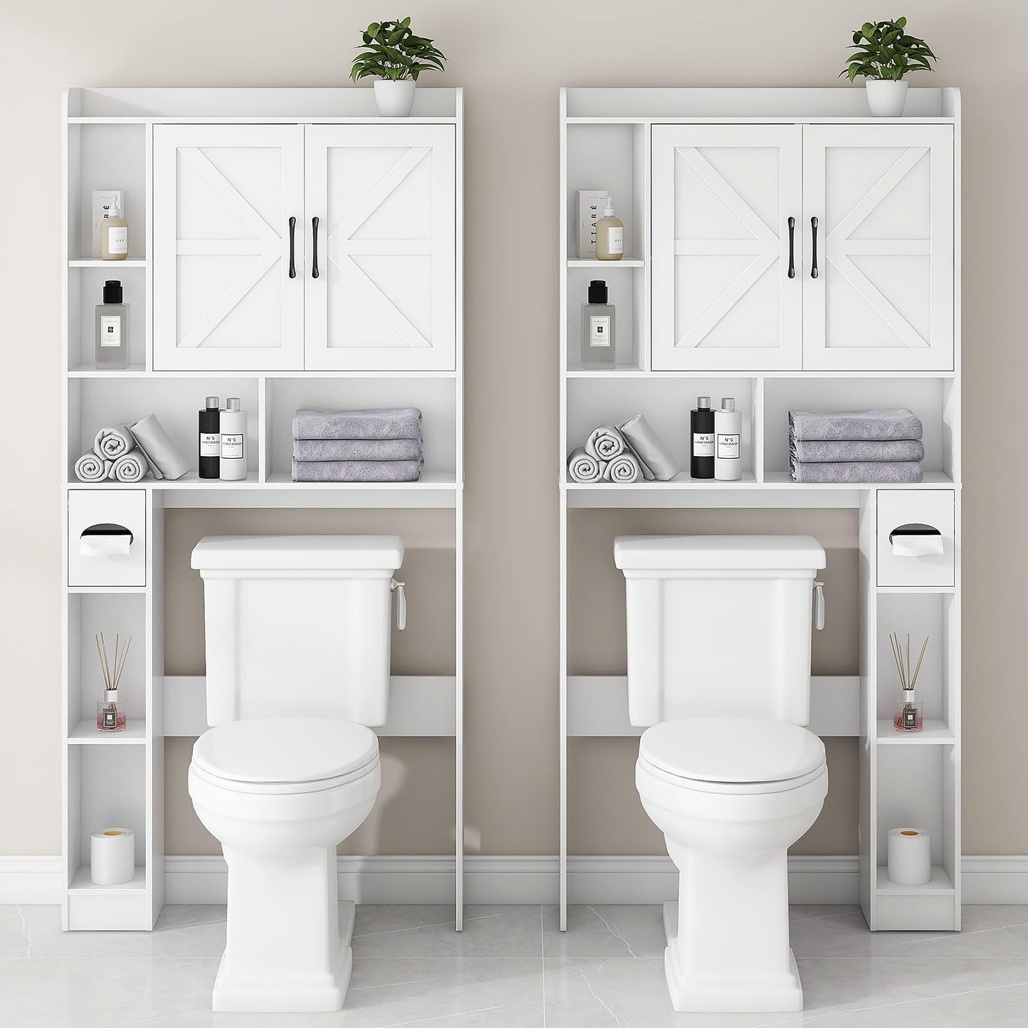 Over The Toilet Storage Cabinet, Farmhouse Storage Cabinet Over Toilet with 2 Barn Door & Toilet Paper Holder Stand，Home Space-Saving Toilet Rack, for Bathroom, Restroom, Laundry