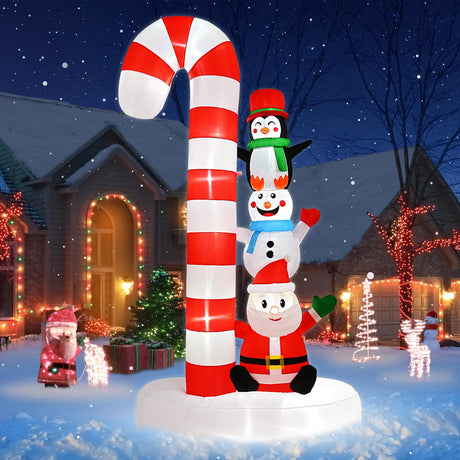 8 FT Christmas Inflatables Santa Claus Snowman Penguin with Candy Cane Outdoor Decoration Built-in LED Lights Cute Blow Up Christmas Decor for Xmas Party Holiday Yard Patiobay