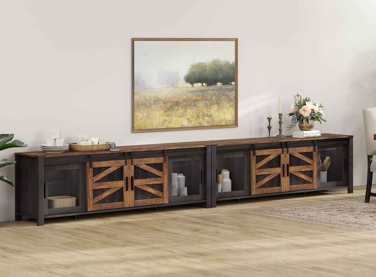 WAMPAT Farmhouse TV Stand for 100 Inch TV with Sliding Barn Door, Set of Two Modern Wood Entertainment Center with Storage Cabinets, Media Console Table for Living Room Bedroom，Dark Walnut and Black WAMPAT
