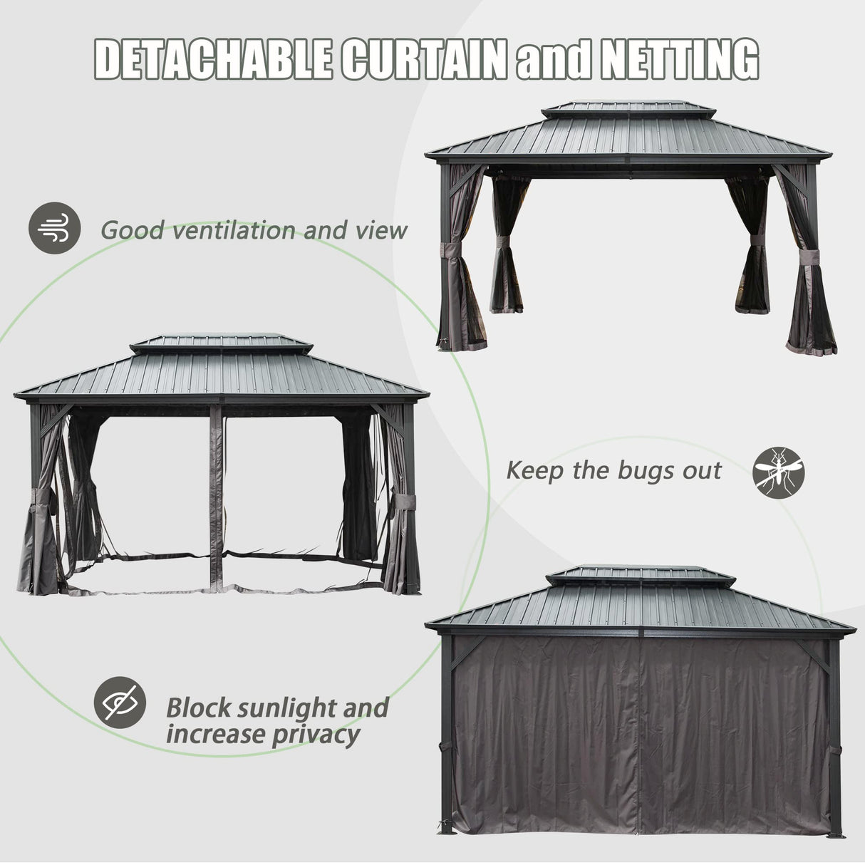 Domi 12’ x 16’ Hardtop Gazebo, Outdoor Aluminum Frame Canopy with Galvanized Steel Double Roof, Outdoor Permanent Metal Pavilion with Curtains and Netting for Patio, Backyard and Lawn, Grey domi outdoor living