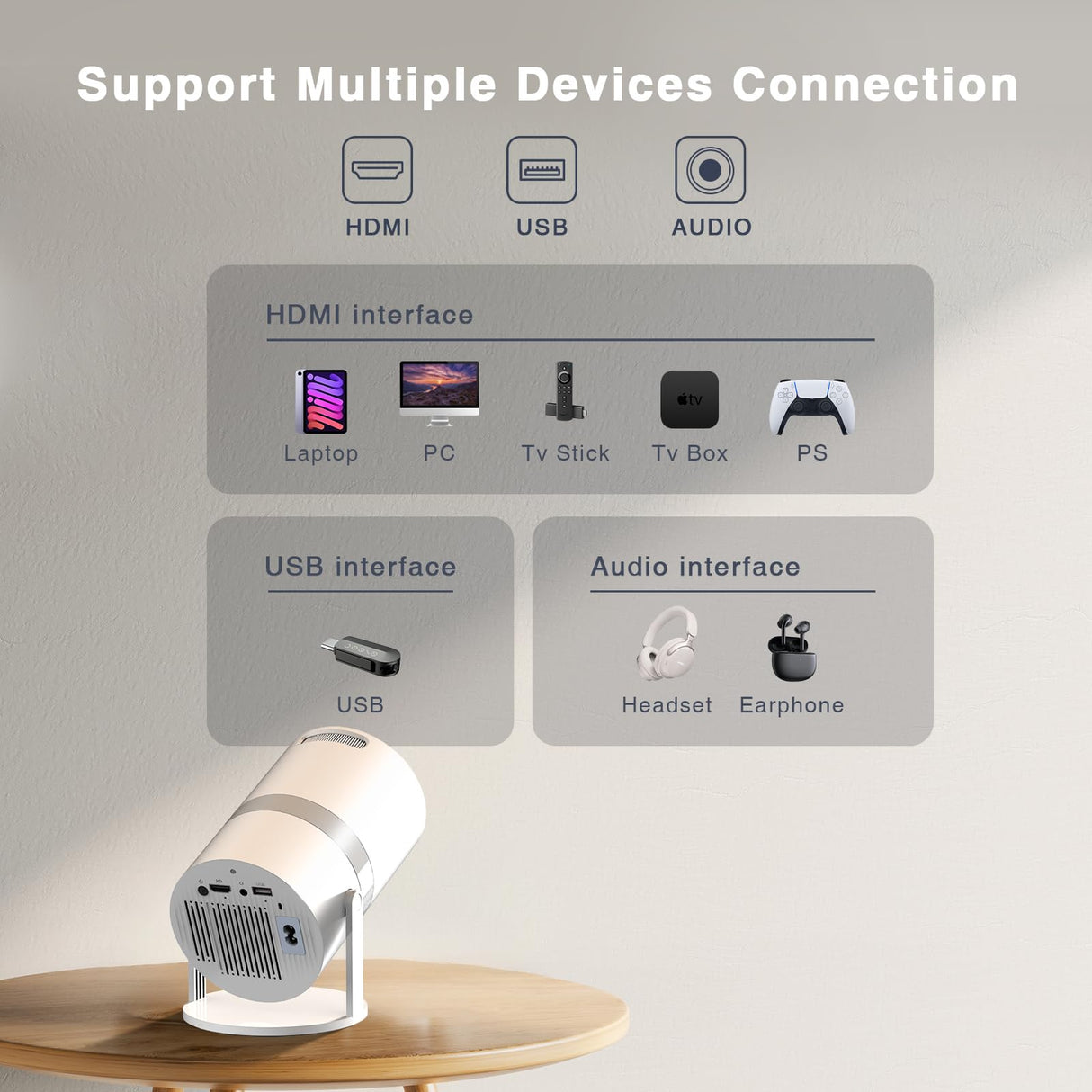 [Built-in -Apps] PANSEBA 270°Adjustable Smart Mini Projector with WiFi 6 and Bluetooth, Auto Keystone Outdoor Movie Projector, Big Screen Home Portable Projector for Phone/TV Stick/Laptop/HDMI PANSEBA