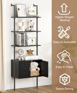 Gadroad 73" Tall Bookshelf with Cabinet, Wall Mounted Industrial Ladder Bookcase with Wood and Metal Frame, 5 Tier Plant Shelf Display Storage Shelves for Living Room Bedroom, Black Gadroad