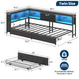 Twin Corner Bed Frame with Storage Bookcase, Twin Daybed with Charging Station and LED Light, Kids Bed Unit with Storage Drawers Underneath, Dark Grey Modern Metal Platform Bed Frame Twin Size LUSIMO