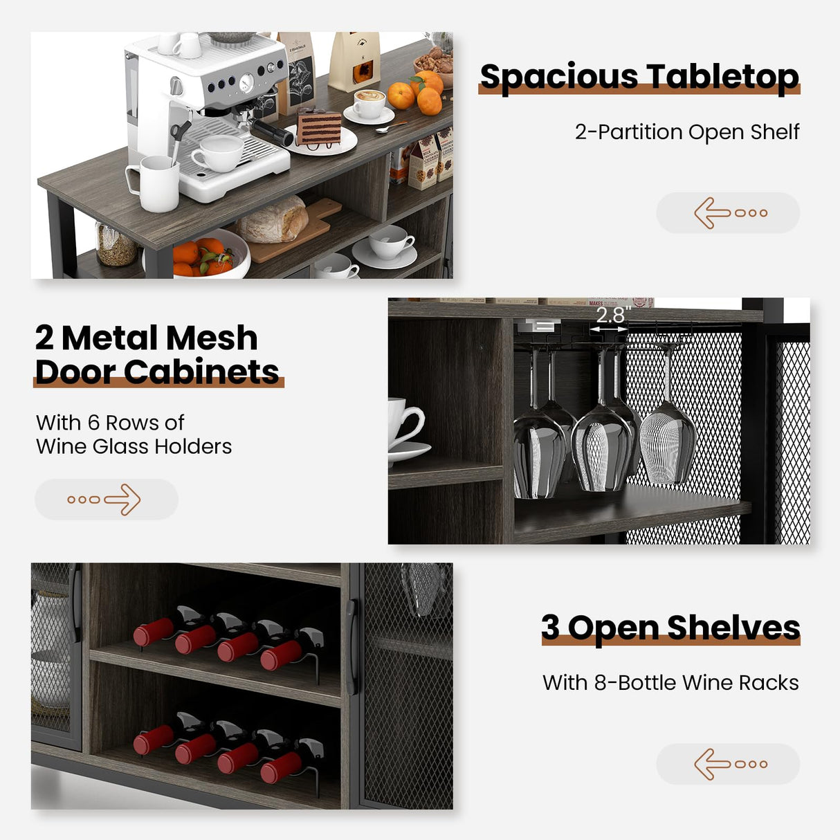 Giantex Coffee Bar Cabinet for Liquor and Glasses, 55” Buffet Sideboard with 8-Bottle Wine Racks, 6 Rows of Wine Glass Holders, Mesh Doors, Wine Cabinet for Kitchen, Dining Room, Living Room (Grey) Giantex