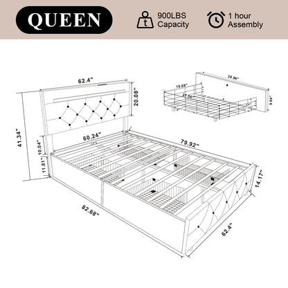 Benevika Queen Size Bed Frame with 4 Storage Drawers, Adjustable LED Headboard and USB Charging Station in Black PU Leather - WoodArtSupply