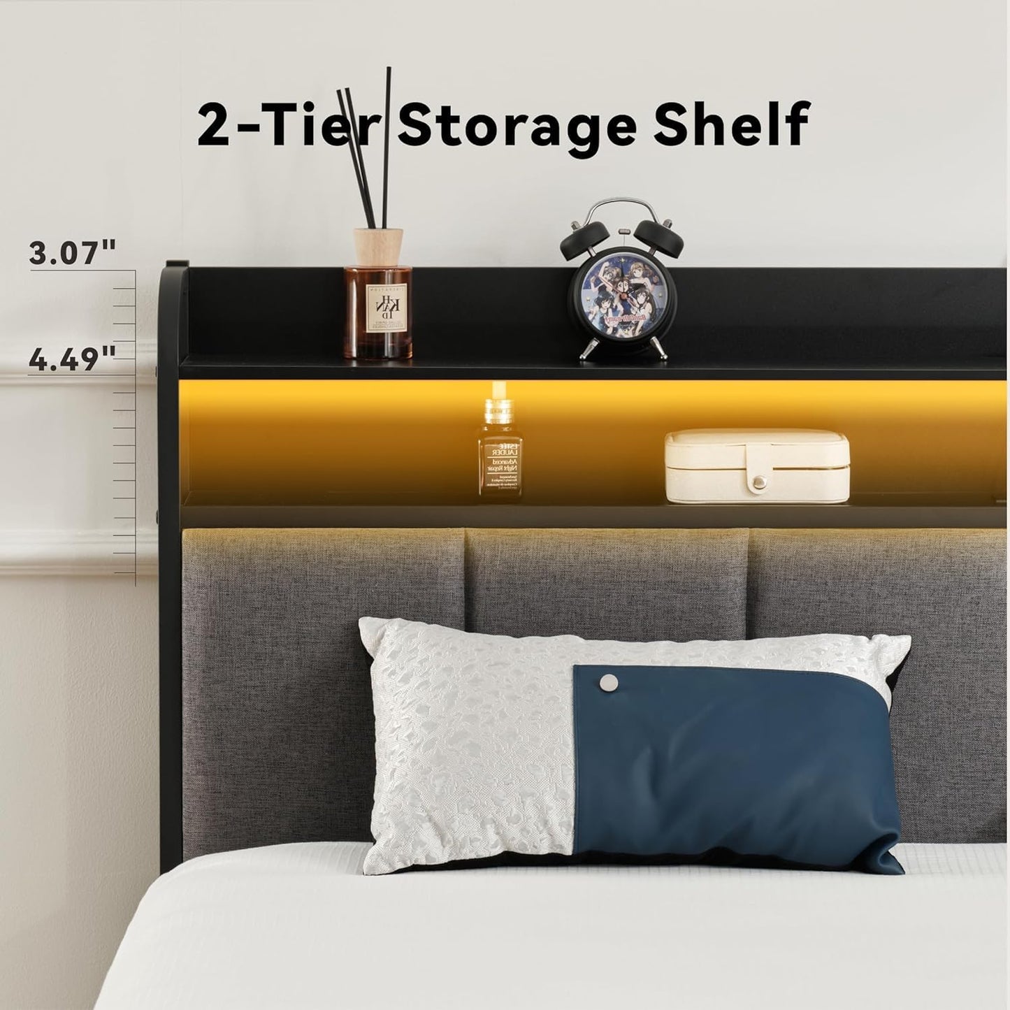 Z-hom Twin Metal Bed Frame with LED Headboard, Charging Ports & Storage Shelves - Grey - WoodArtSupply