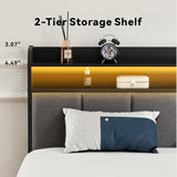 Z-hom Twin Metal Bed Frame with LED Headboard, Charging Ports & Storage Shelves - Grey Z-hom
