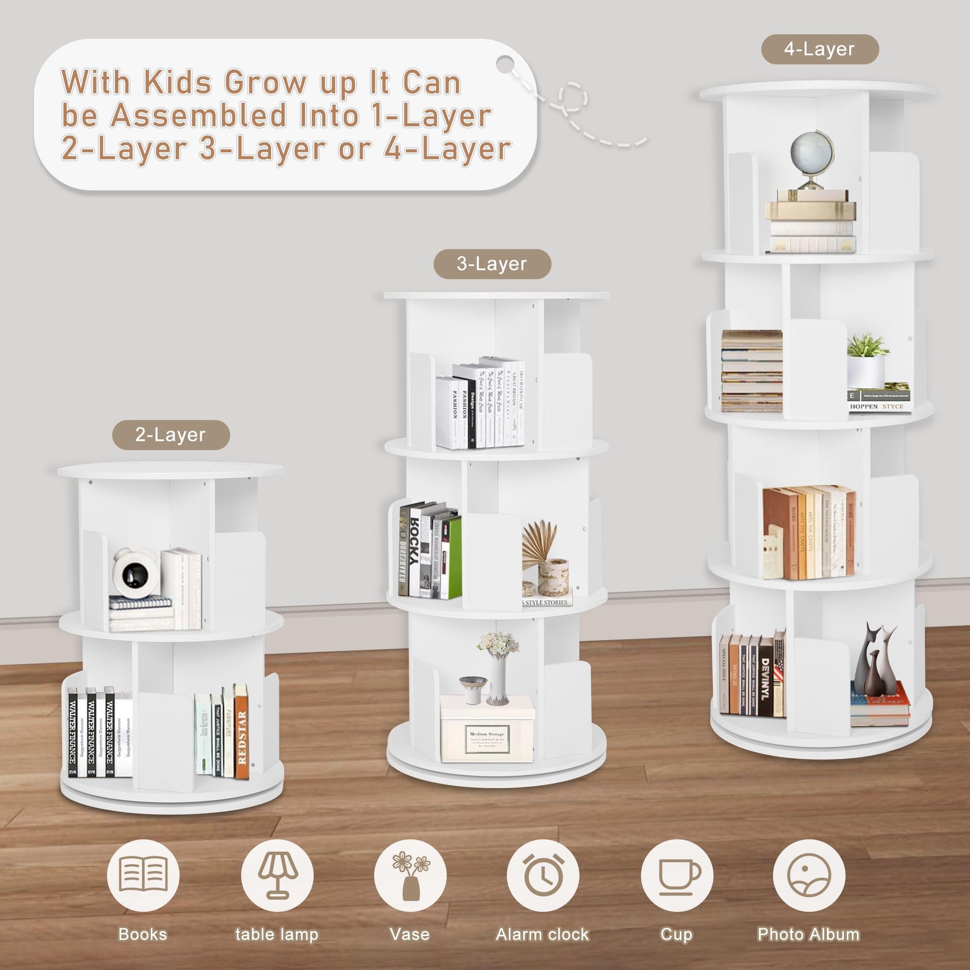 JOLIE VALLÉE TOYS & HOME 4-Tier Rotating White Bookshelf - Space-Saving Floor Stand Bookcase for Small Rooms - WoodArtSupply