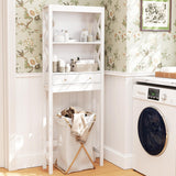 Giantex Over The Toilet Storage Cabinet, 65" Tall Freestanding Bathroom Organizer with Open Shelves, Storage Drawers & Adjustable Bottom Bar, Space Saver Above Toilet Rack for Bathroom, White Giantex