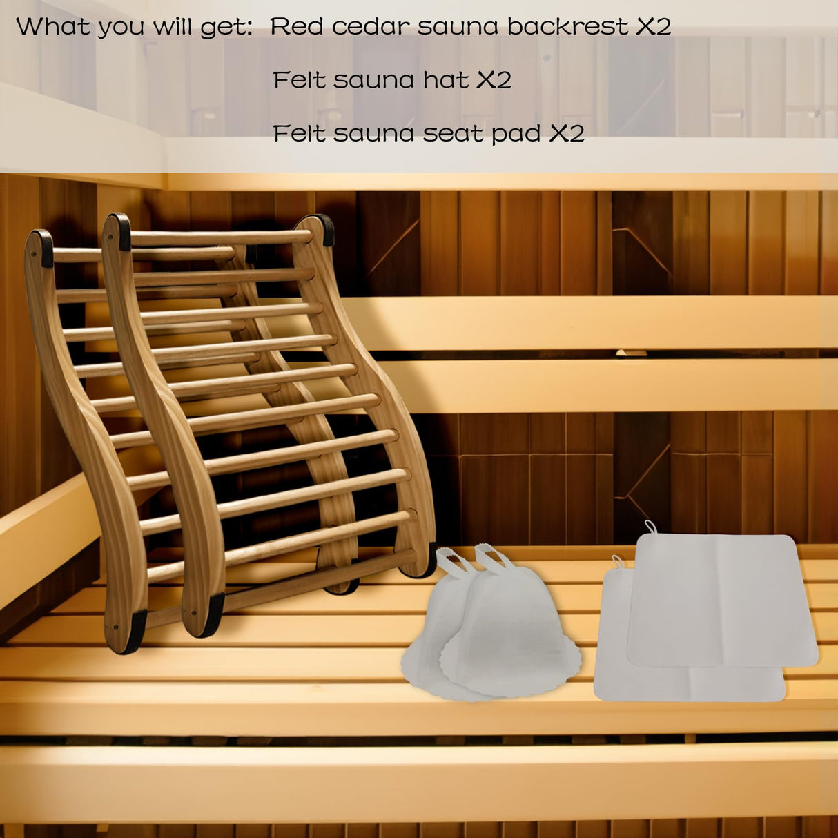 NUIBY Non-Toxic Cedar Sauna Backrest for Barrel or Infrared Sauna, with Felt Sauna Hat and Seat Pad, Anti-Slip Sauna Accessory(2 Packs) NUIBY