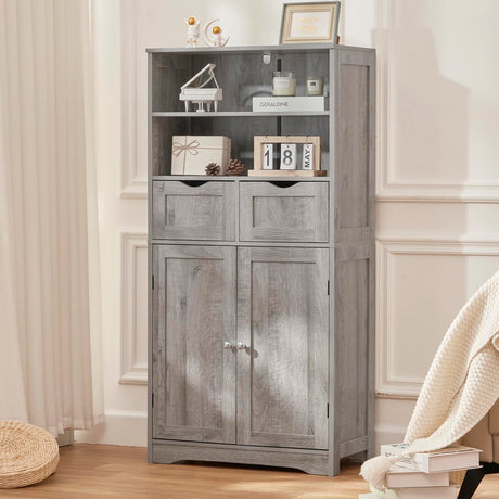 Iwell Tall Storage Cabinet with 2 Drawers & Adjustable Shelves, Bathroom Cabinet with Doors, Cupboard, Floor Cabinet for Living Room, Dining Room, Entryway, Grey Iwell