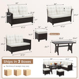 KROFEM 6-Piece Outdoor Patio Furniture Set - Sectional Sofa, Dining Table & Chairs Included, All-Weather Dining Set with Ottoman, Brown Wicker and White Cushions KROFEM