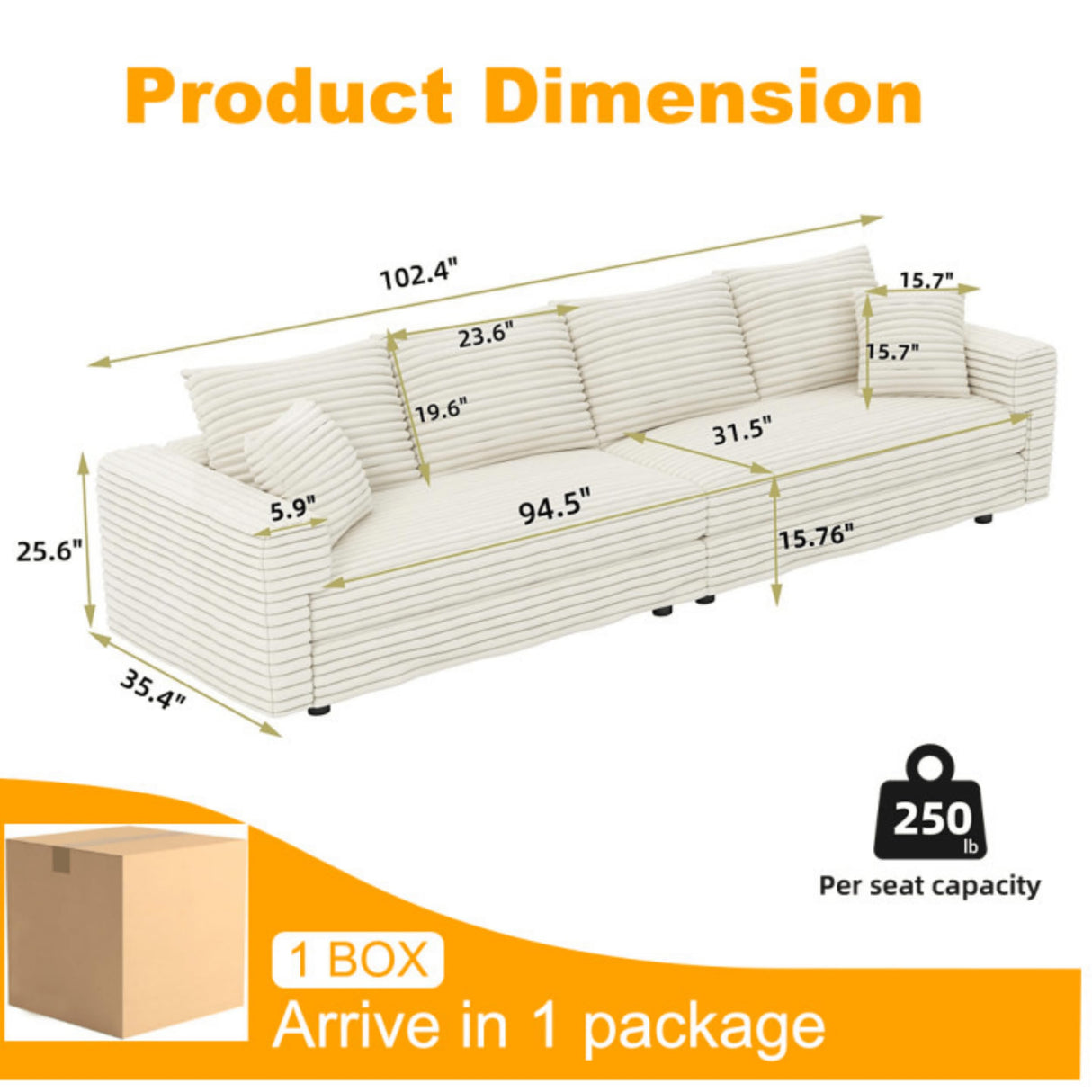 Ball & Cast 4 Seater Cloud Sectional Couch,102.4" Modern Modular Sectional Sofa with Deep Seat & Pillows,Plush Corduroy Comfy Convertible Sofa Couches for Living Room,Beige Ball & Cast