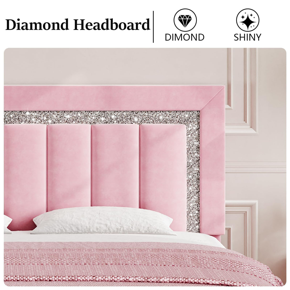 HOMBCK Full Size Bed Frame, Velvet Upholstered Bed Frame with Diamond Tufted Headboard and Footboard, Pink Bed Frame Full, Vertical Channel Tufted Design, No Box Spring Needed, Easy Assembly, Pink HOMBCK