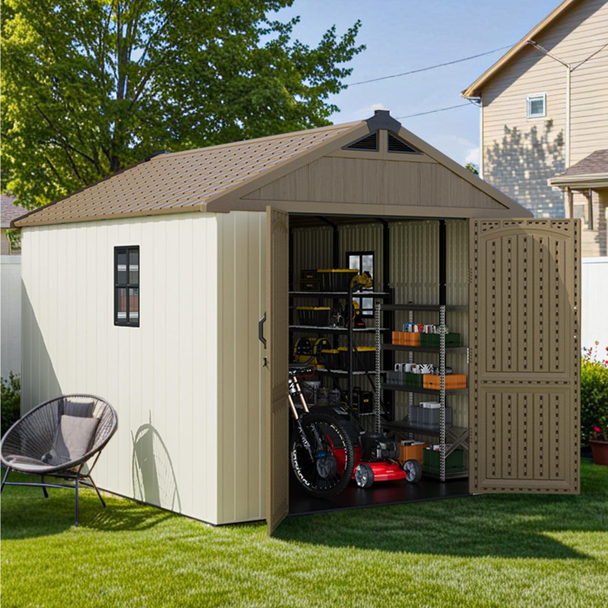 Patiowell 8 x 10 FT Resin Outdoor Storage Shed with Floor, Plastic Shed with Window and Lockable Door for Garden, Backyard, Tool Storage Use, Easy to Install in Brown (Kick-it Shed) Patiowell