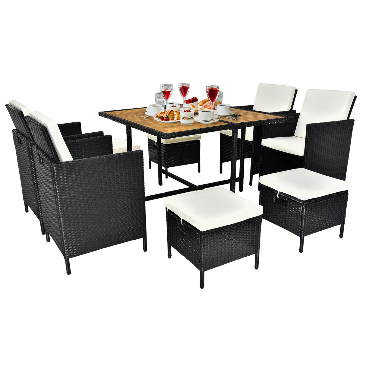 MATONELL 9 Piece Acacia Wood Patio Dining Set, Space Saving Wicker Chairs with Soft Cushions and Wood Table, Outdoor Furniture Set for Garden Yard Poolside, Black MATONELL