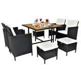 MATONELL 9 Piece Acacia Wood Patio Dining Set, Space Saving Wicker Chairs with Soft Cushions and Wood Table, Outdoor Furniture Set for Garden Yard Poolside, Black MATONELL