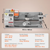 VEVOR 7'' x 16'' Metal Lathe Machine, 800W Precision Benchtop Power Metal Lathe, 150-2500 RPM Continuously Variable Speed, with 3.9'' 3-jaw Metal Chuck Come with Tool Box VEVOR