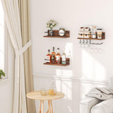 HOOBRO Wall Mounted Wine Rack 3 Pack, Wine Shelf Hanging Floating Wall Shelves, Wine Glass Bottle Rack Stemware Holder, for Living Room, Dining Room, Kitchen, Rustic Brown and Black BF33BJ01 HOOBRO