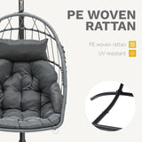 DWVO Egg Chair with Stand, Hanging Outdoor Rattan Wicker Patio Hammock Indoor Egg Chair with Cushion, Hanging Swing Chair 350lbs for Porch, Garden, Bedroom, Balcony, Gray DWVO