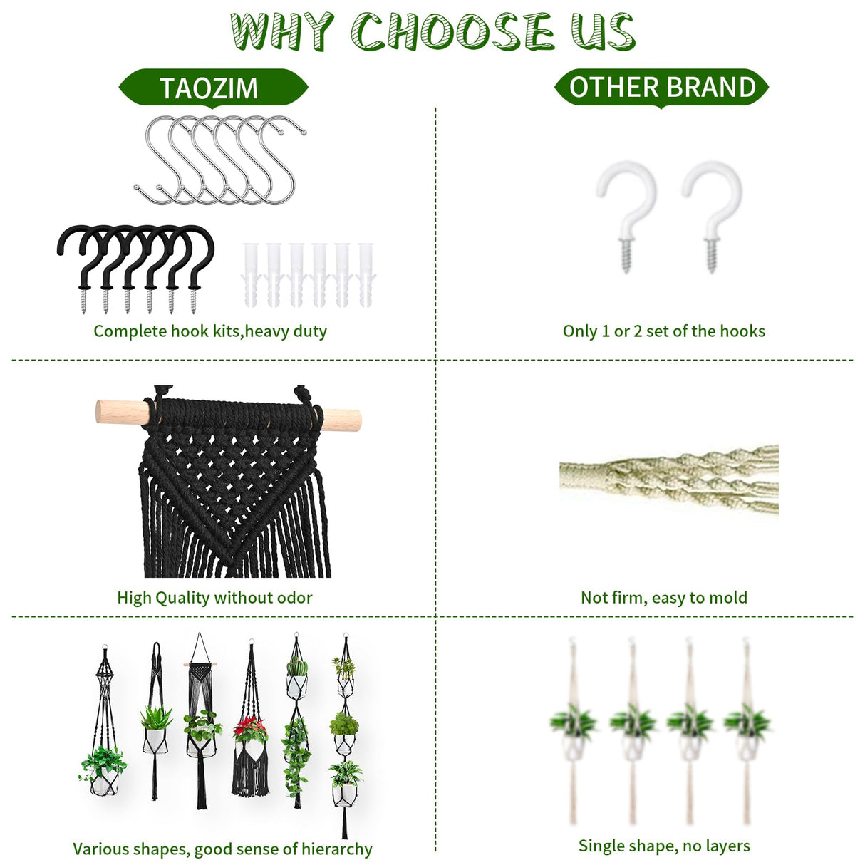 Macrame Plant Hangers, 6Pack Hanging Plant Holders Indoor w/ 6 Set Hooks Handmade Cotton Rope Plant Hangers Set Flower Pots Holder Stand Boho Home Decor Hanging Planters for Indoor Outdoor Plants TAOZIM