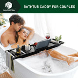 Bamboo Bathtub Caddy Tray Expandable for Luxury Bath, Bath Accessories & Table with Wine Glass Holder, Book Stand Bathroom Organizer with Extending Sides for Men/Women,Black BAMBUROBA
