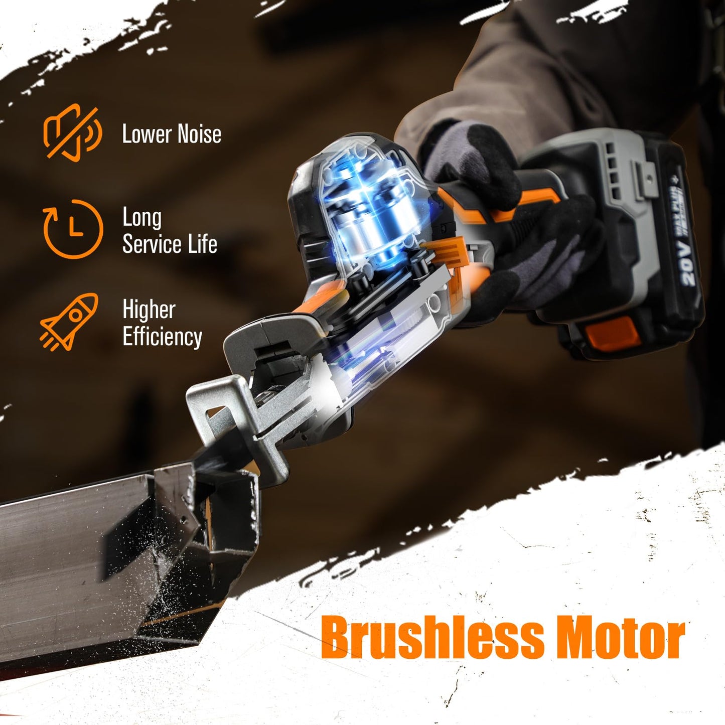 WORKSITE Brushless Reciprocating Saw, 20V Cordless One-Handed Reciprocating Saw w/2.0Ah Battery & 1-Hour Fast Charger, Variable Speed Trigger, 6 Saw Blades for Wood/Metal/PVC Pipe Cutting - WoodArtSupply