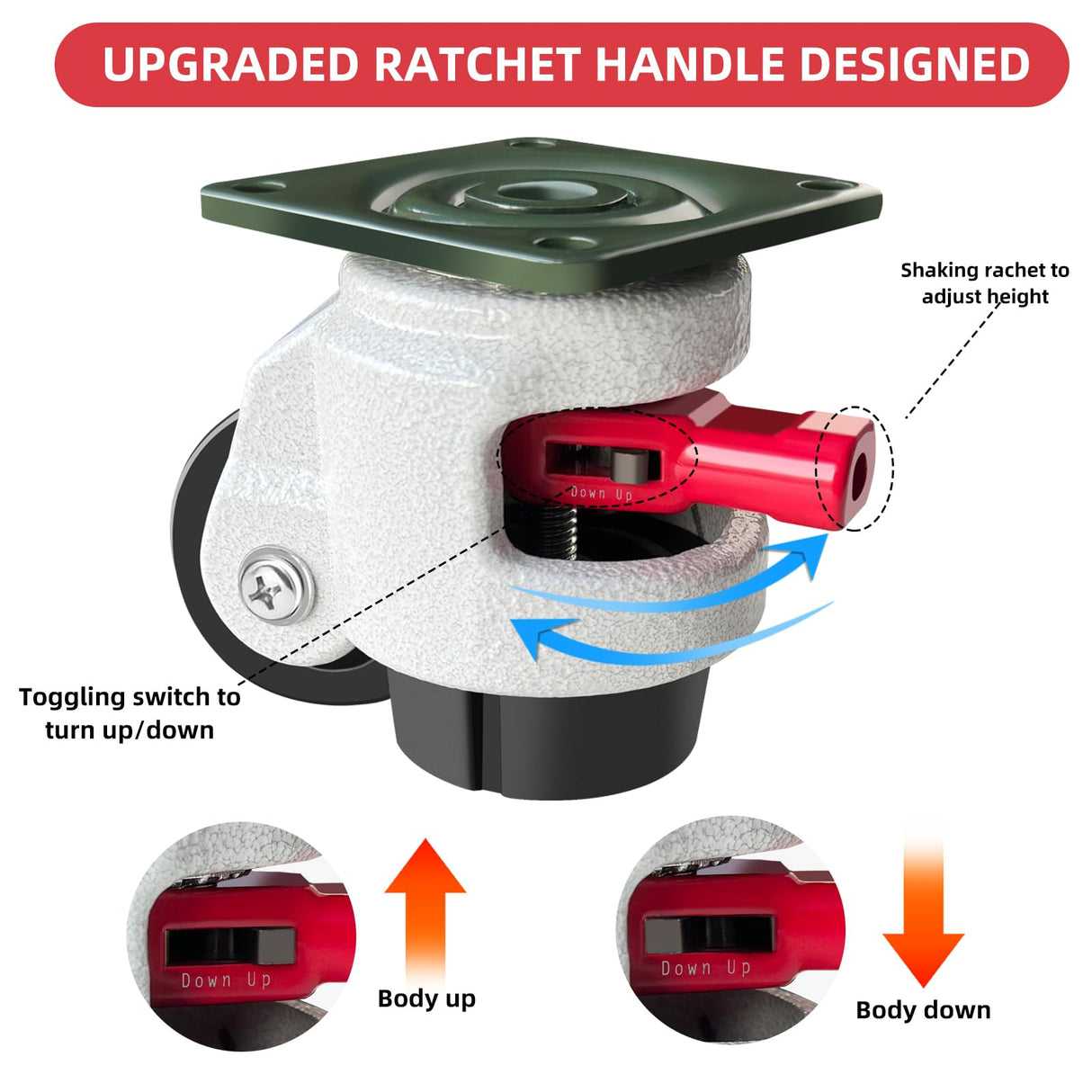 FIZAR Heavy Duty Leveling Casters - 360 Degree Swivel Castor Casters with Upgraded Handle, Height Adjustable Casters for Workbench, Machine, Equipment, Shelves, Total Capacity 2200 Lbs (4 Pack) FIZAR