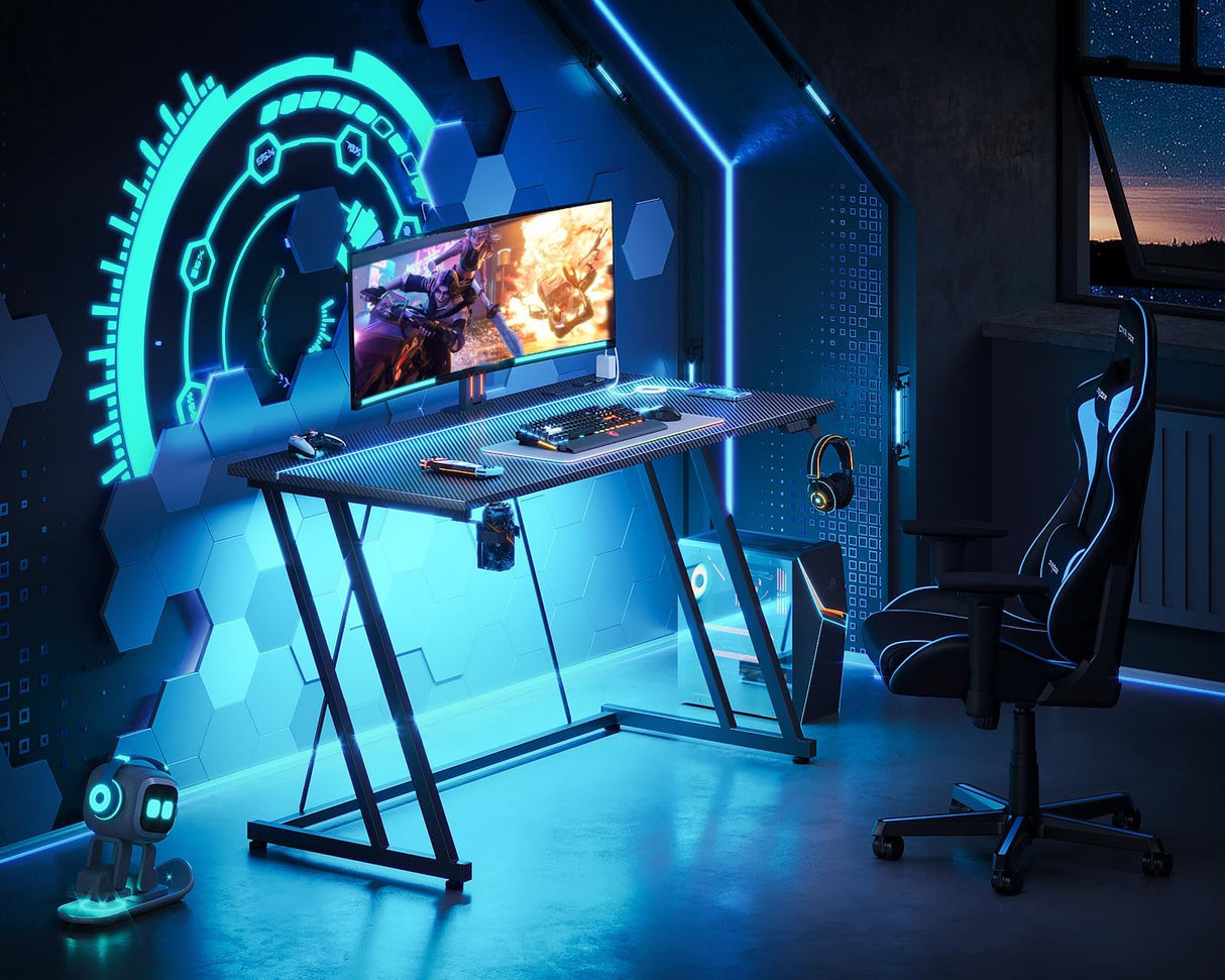 MOTPK Gaming Desk with LED Lights & Power Outlet, Computer Desk 47inch for Small Space, Cheap Gaming Table with Carbon Fiber Texture, Kids Desk Gift for Boys Men, Black MOTPK