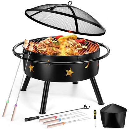 Joyfair 30inch Fire Pit, Outdoor Wood Burning Bonfire Firepit BBQ Grill with Cover & Poker Accessories Kit, Heavy Duty Round Camping Fire Pits with Spark Screen for Outside Patio Backyard (Large)