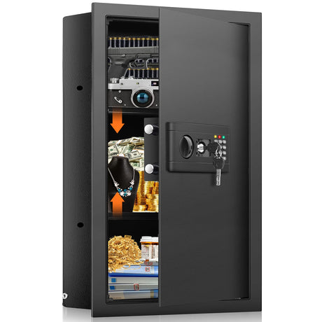 Nebakne 25.6" Tall Fireproof Wall Safes Between The Studs 16" Centers, Hidden Wall Safe with 2 Removable Shelf & Hidden Tray, Heavy Duty Wall Mount Safe for Firearms, Money, Jewelry, Passport Black Nebakne