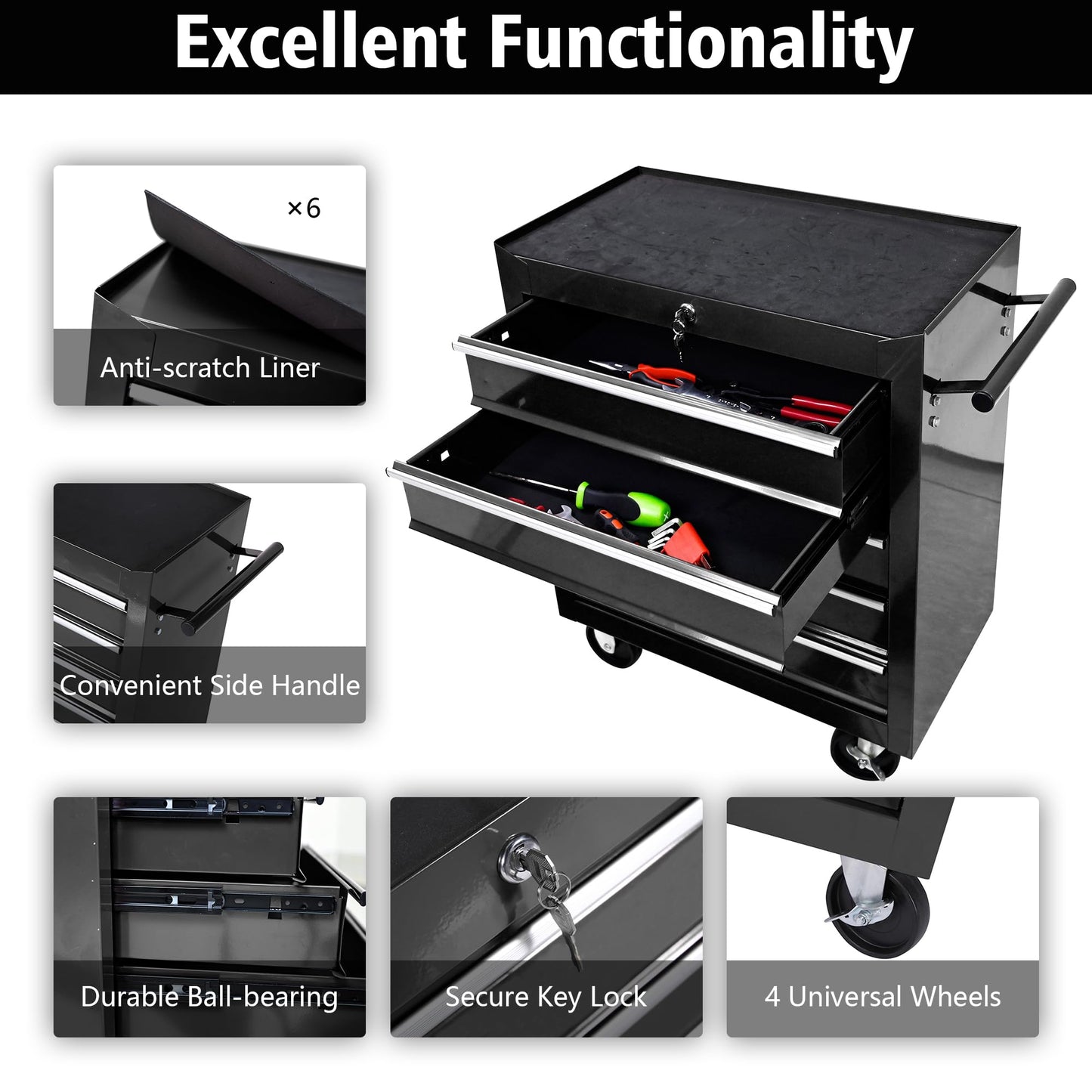 BouPower Tool Chests, 5-Drawer Rolling Tool Storage Cabinet with Detachable Tray, Multi-Functional Handles, Adjustable Shelves, Secure Locking System, Heavy-Duty Wheels, Ideal for Garage, Wor - WoodArtSupply