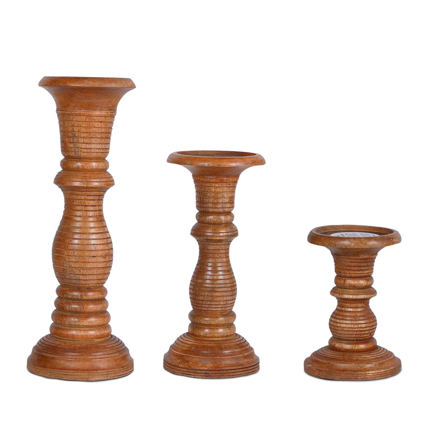 “Jharana II” Candle Holders for Pillar Candles (Medium Polish, Set of 3) - Mangowood Candle Stand - Farmhouse Wooden Candle Holders Pillar -Candle Holder Decor for Table Centerpiece - 6”, 9”, 12”