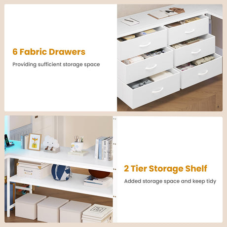 ADORNEVE Loft Bed Full Size with U-Shaped Desk, 6 Storage Drawers, Power Outlet, LED Metal Loft Bed with 2 Storage Shelves, Bed with Safety Guardrail & Ladders,Space-Saving,White ADORNEVE