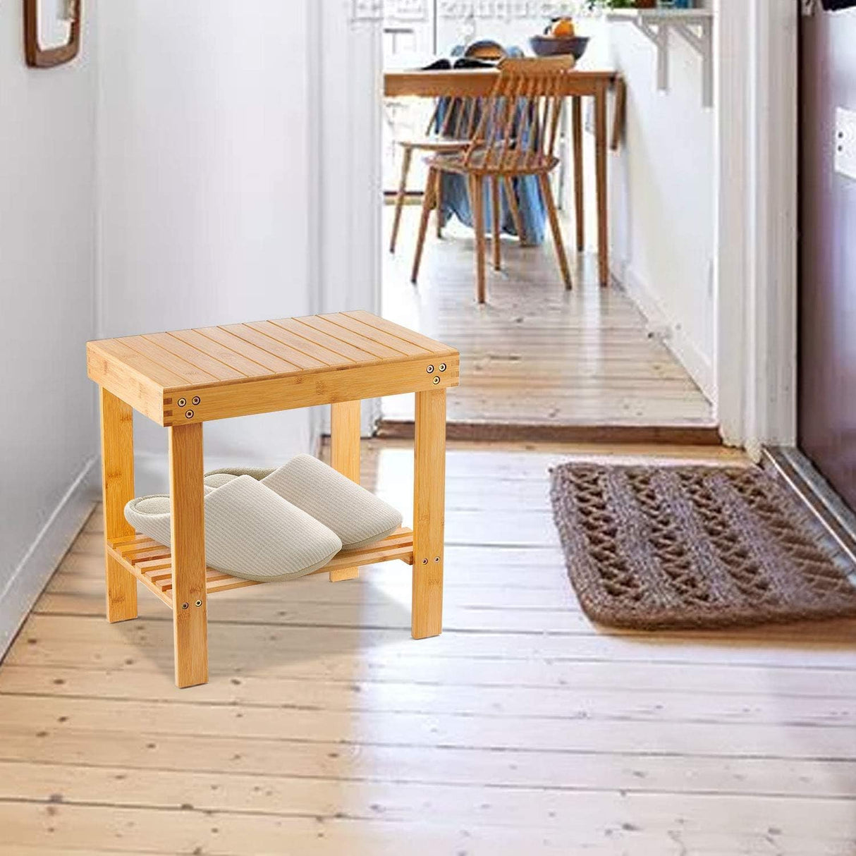 VaeFae Bamboo Spa Bench Wood Seat Stool Foot Rest Shaving Stool with Non-Slip Feets Storage Shelf for Shampoo Towel,Works in Bathroom/Living Room/Bedroom/Garden Leisure VaeFae