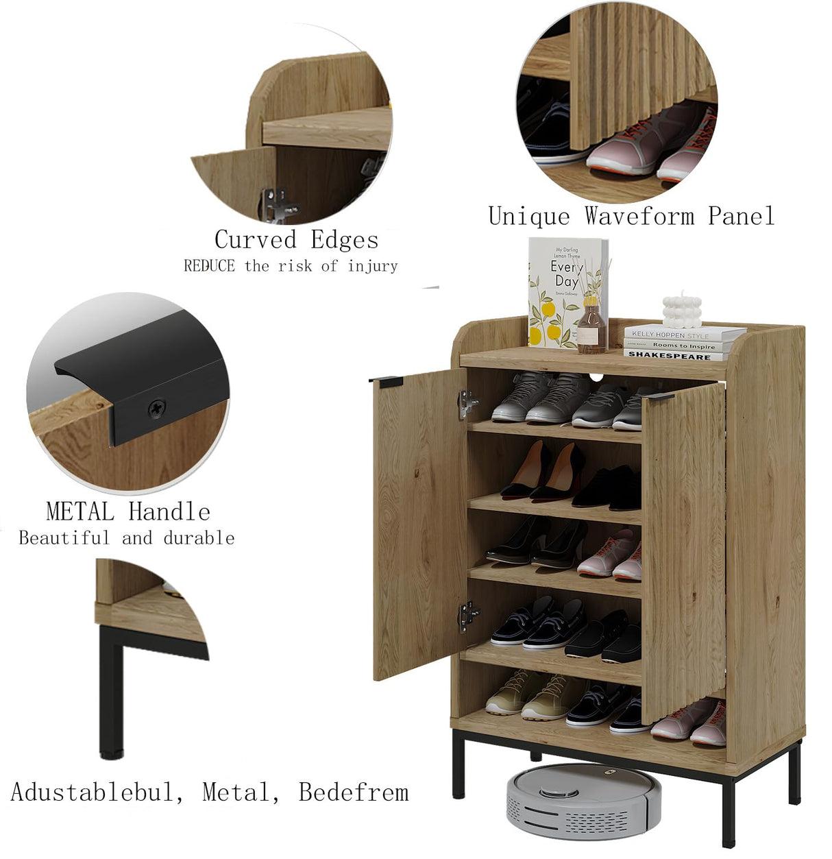 ALBSL Modern Shoe Cabinet with Fluted Door,5-Tier Farmhouse Shoe Cabinet with 3 Adjustable Shelves,41.5'' Tall Wooden Shoe Rack Organizer Cabinet for Entryway, Hallway,Living Room,Natural ALBSL