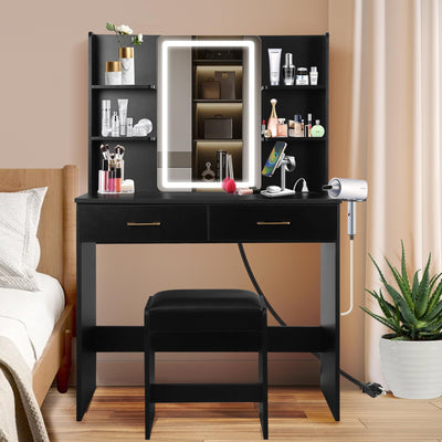 QUALIKRAFT Vanity Set with Mirror and Stool and Lights, Vanity Desk with Mirror & Power Outlet, Vanity Desk with Drawers, Black Vanity with Lighted Mirror, Dressing Table Set with 2 Large Drawers