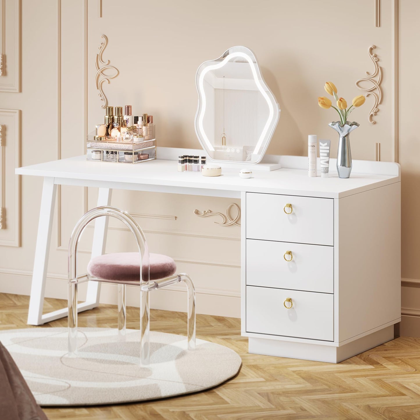 Tribesigns White Makeup Vanity Desk: Modern 55 Inches Vanity Table with 3 Drawers, Corner Wood Dressing Table Make Up Vanity, White and Gold Girls Women Vanity for Bedroom, No Mirror