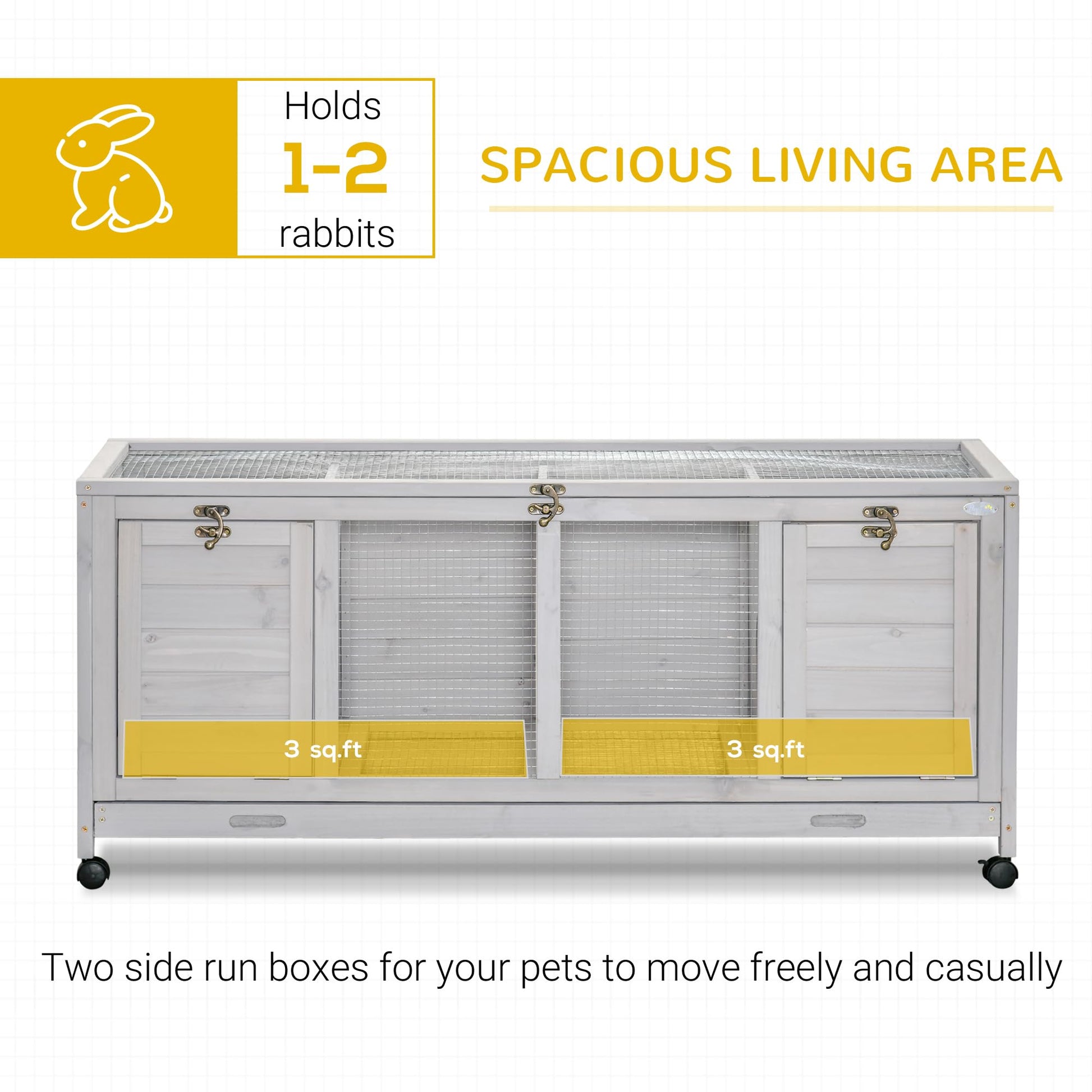 PawHut Wooden Rabbit Hutch, Bunny Cage with Wheels, Dividers, Openable Roof, Removable Trays, Small Animal Cages for 1-2 Rabbits, Indoor Outdoor Use, Light Gray - WoodArtSupply