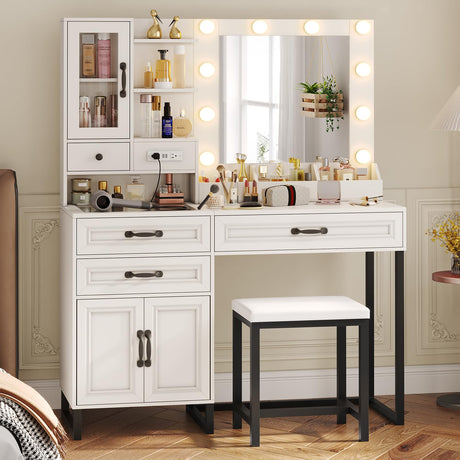 BTHFST Makeup Vanity Desk with Mirror and Lights & Charging Station & Makeup Stool, Vanity Table Set with Glass Top Storage Drawer & Beach & 3 Shelves for Bedroom (Modern White & Black) BTHFST