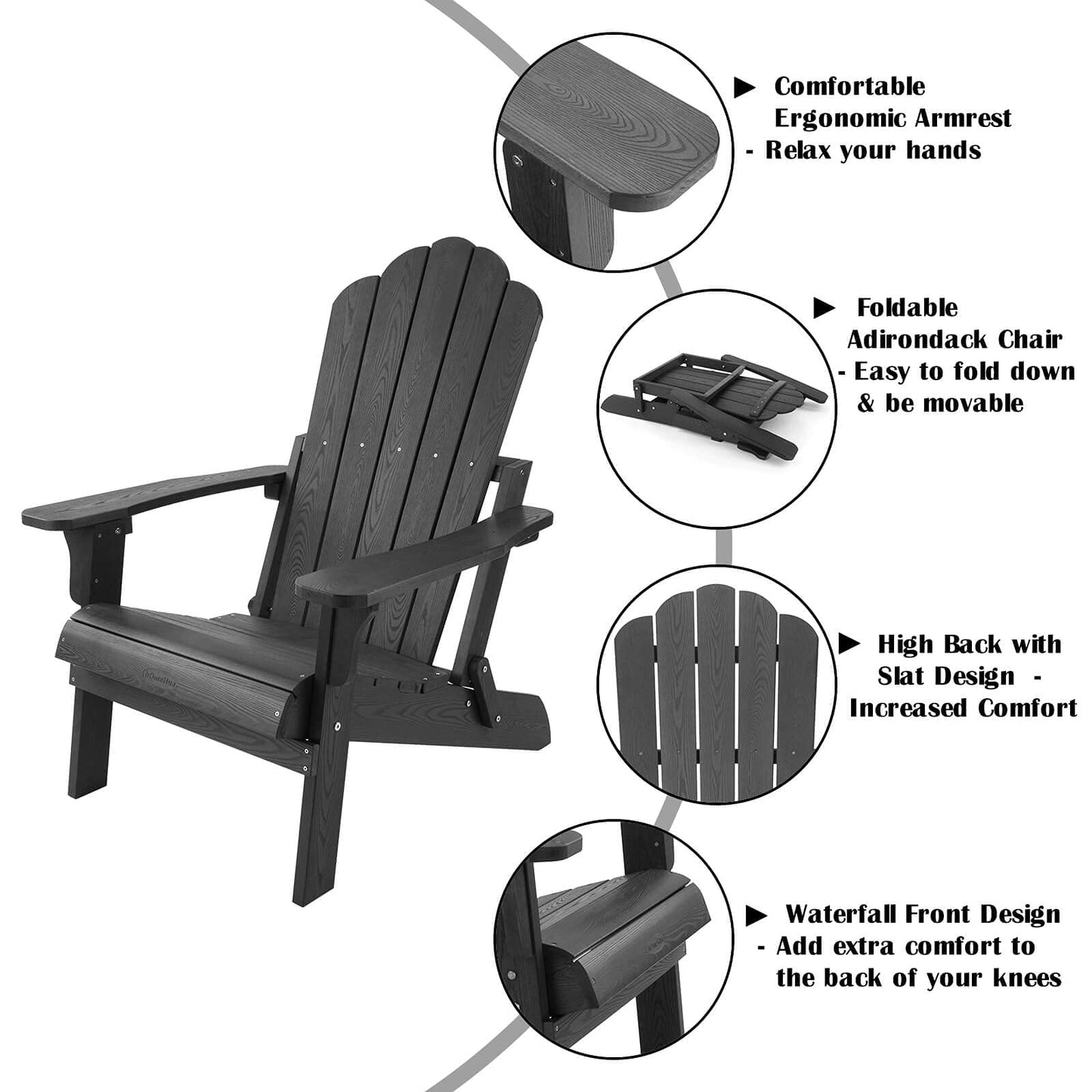 hOmeHua Folding Adirondack Chairs, Outdoor Patio Weather Resistant Chair, Imitation Wood Stripes, Easy to Fold Move & Maintain, Plastic Chair for Backyard Deck, Garden, Fire Pit - Black - WoodArtSupply