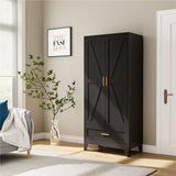 XIOMIOHTRQ Metal Wardrobe Cabinet, 71" Tall Armoire Wardrobe Closet with Drawer, Farmhouse Clothing Storage Cabinet for Bedroom, Laundry (Black, 1 Drawer) XIOMIOHTRQ