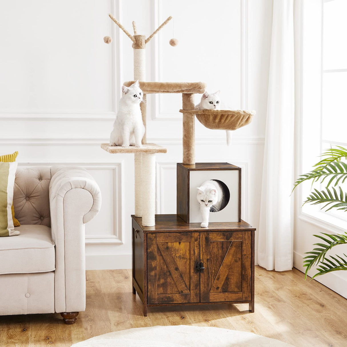 HOOBRO Cat Tree with Litter Box Enclosure for Indoor Cats, Wooden Cat Condo with Scratching Posts, Cat Litter Box Furniture Hidden, All-in-One Cat Toy with Cat House, Rustic Brown FG15MZ03 HOOBRO