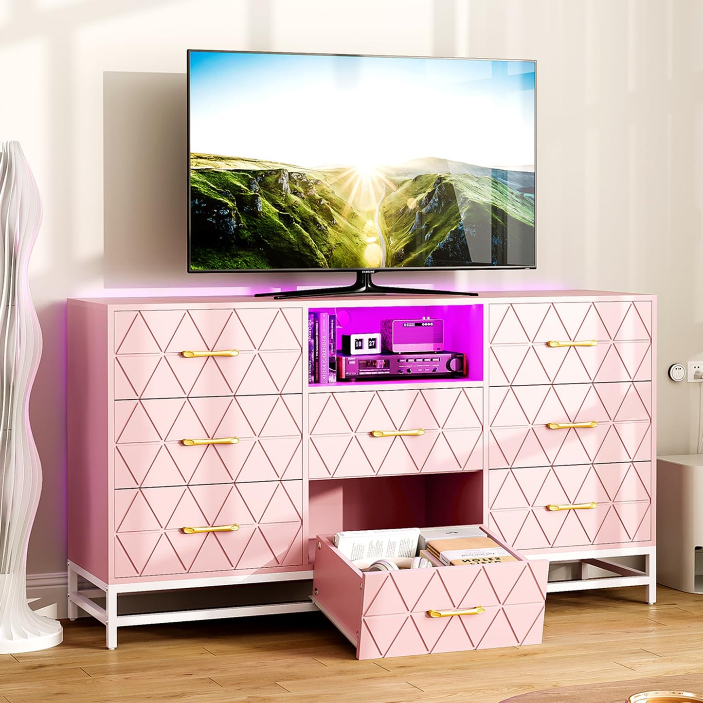 GarveeHome Pink Dresser for Bedroom with 8 Deep Drawer, 59" TV Dresser Wooden Large Long Dresser with Power Outlet and LED Lights, Modern Chest of Drawers Storage Organizer for Living Room, Hallway