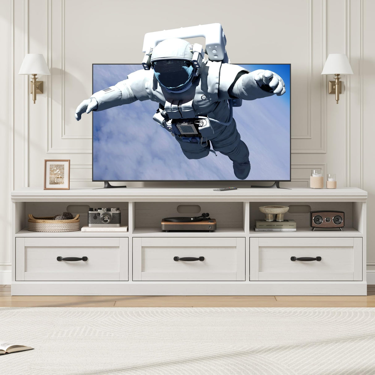 IDEALHOUSE 70in TV Stand for TVs up to 80", Mid Century Modern Entertainment Center with Storage Drawer and Open Shelves, TV Console Media Cabinet for Living Room, Bedroom, Antique White IDEALHOUSE