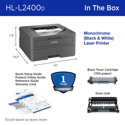 Brother HL-L2400D Compact Monochrome Laser Printer with Duplex Printing, USB Required (Cable not Included), Black & White Output